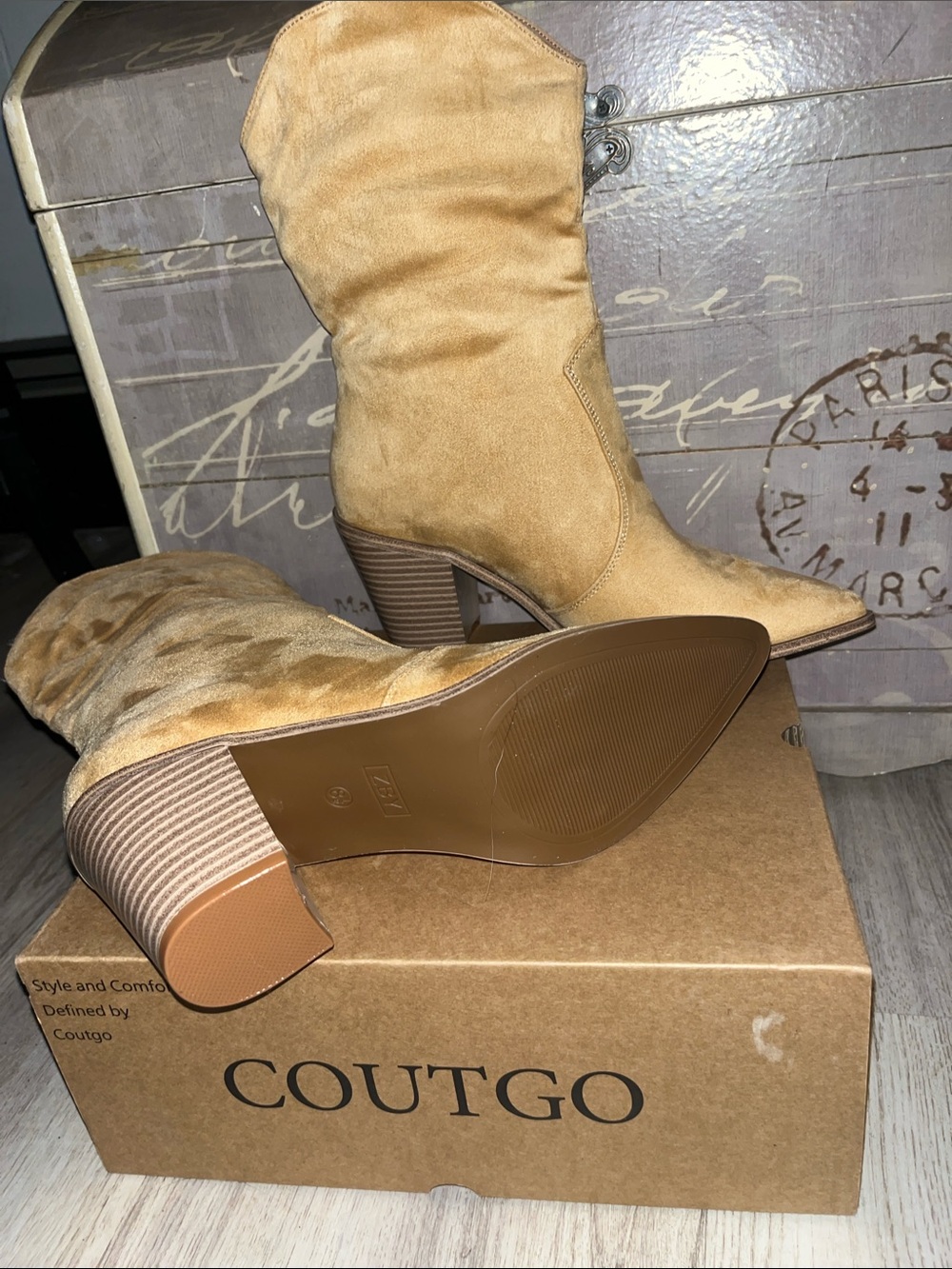 Coutgo Women's Tan Suede Pointed Toe Western Block Heel Boots - Picture 3 of 9
